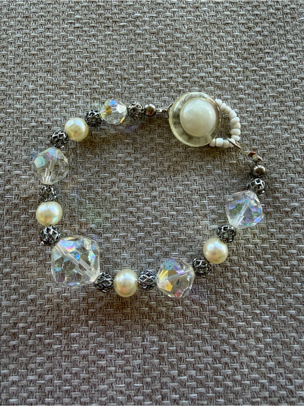Beaded Bracelet Vintage Repurposed Crystal And Silver Tone Beads Button Clasp